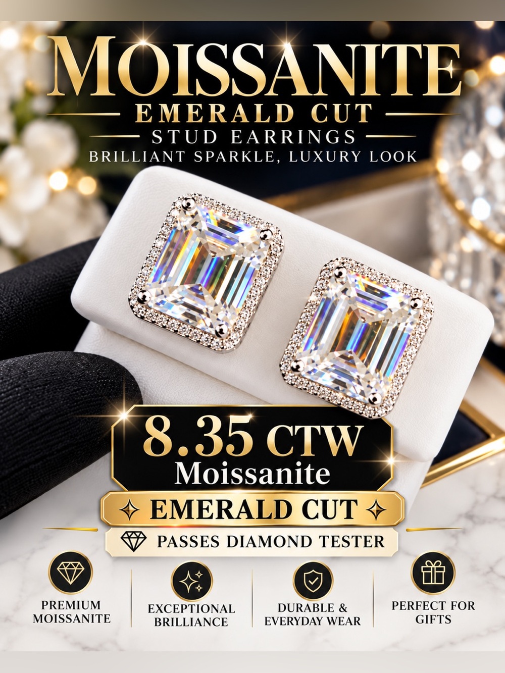 8.35 CTW Emerald Cut Halo Moissanite Stud Earrings 925 Sterling Silver